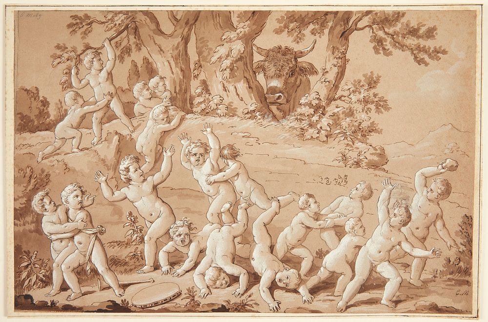 Putti flees from a bull by Conrad Martin Metz