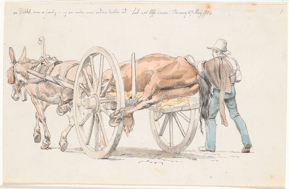 A dead horse is driven away on a donkey cart by Johan Thomas Lundbye