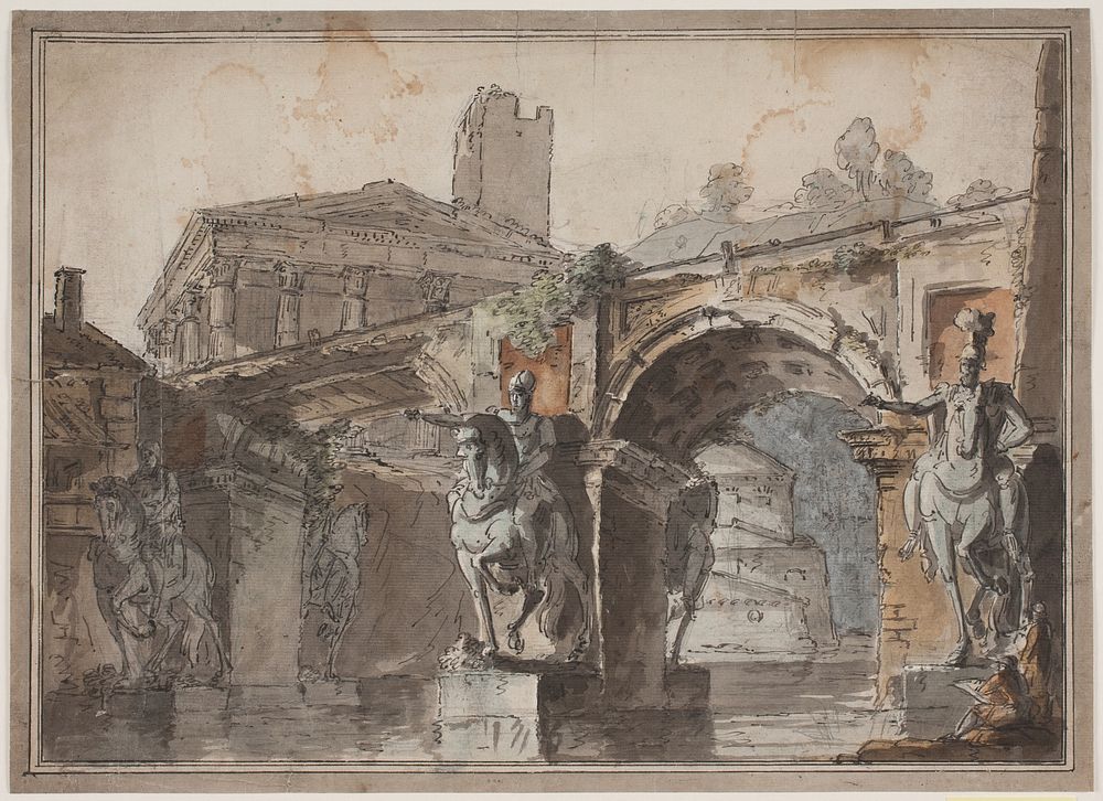 "Roman" prospect with bridge, temple ruins and equestrian statue by Jens Petersen Lund