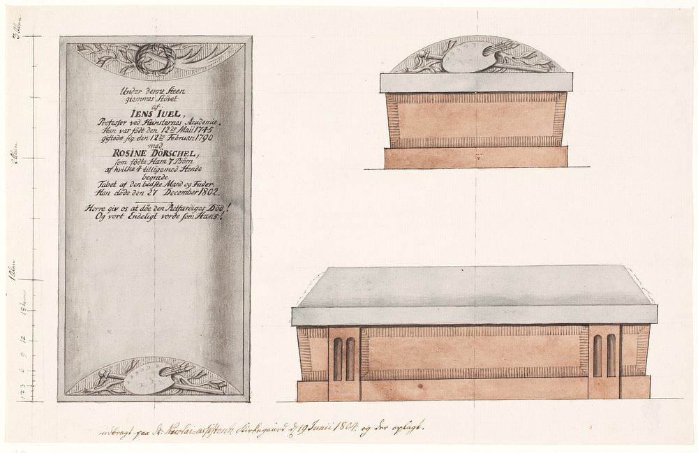 Draft for sarcophagus and tombstone with inscription for Jens Juel, at Assistens cemetery
