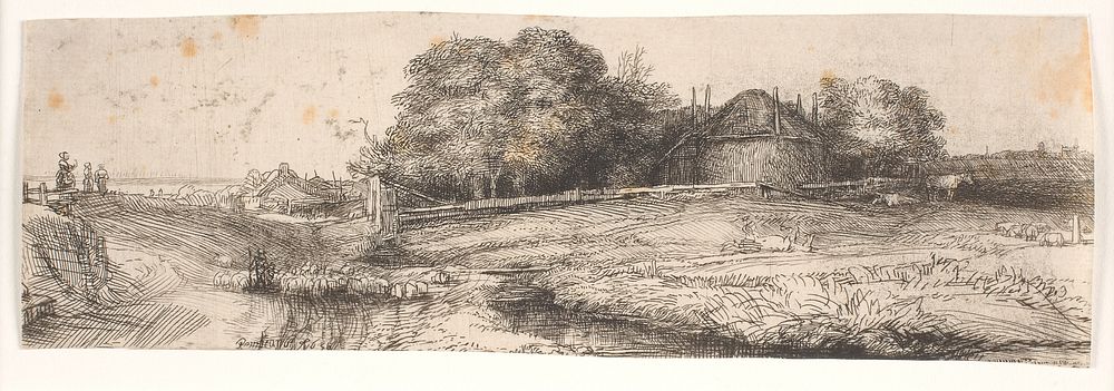Landscape with a flock of sheep and corn helmet by Rembrandt van Rijn