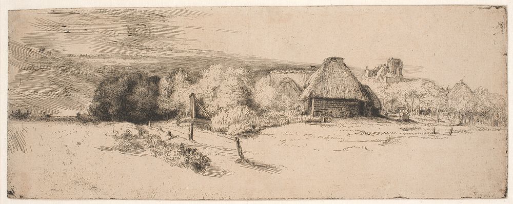 Landscape with trees, farms and a tower by Rembrandt van Rijn