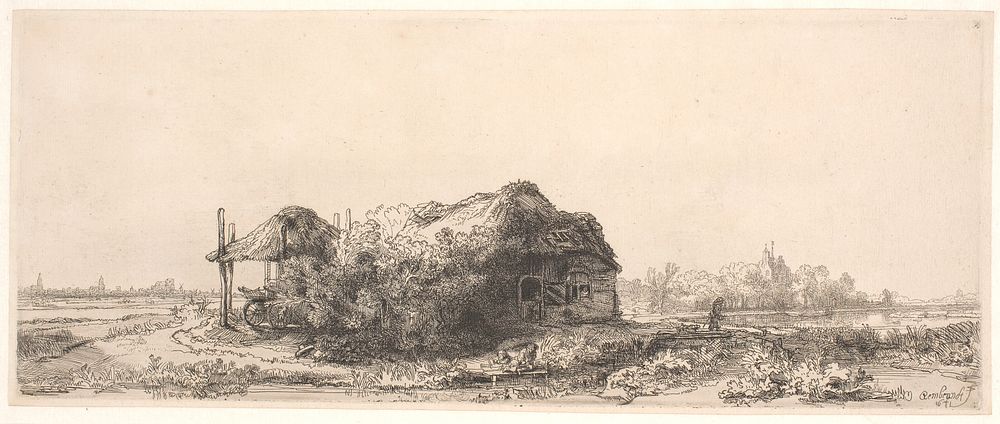 Landscape with a hut and cornfield by Rembrandt van Rijn
