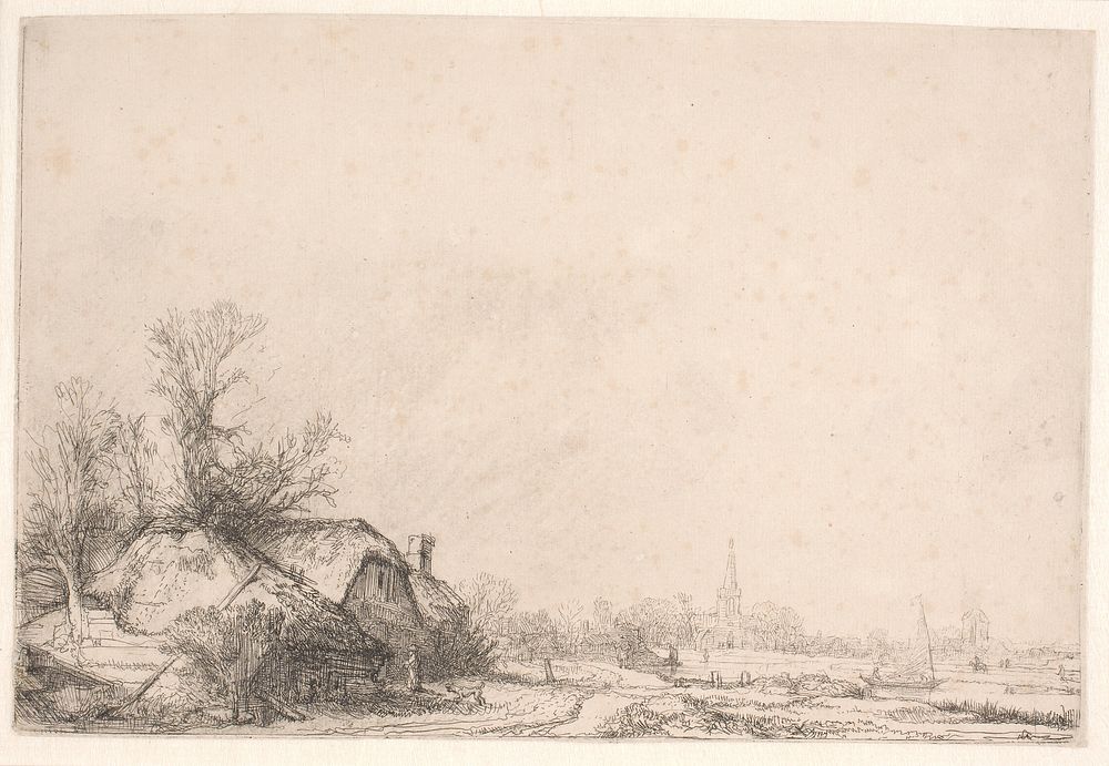 Landscape with cottages by a canal by Rembrandt van Rijn