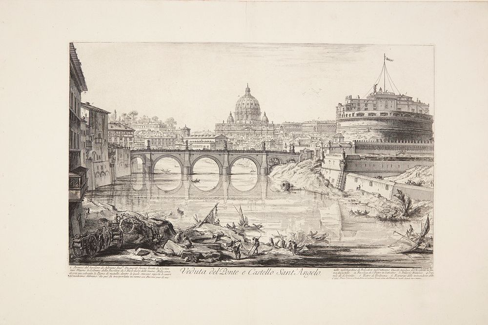 The Castel Sant' Angelo bridge with the castle (Hadrian's mausoleum), in the foreground the Tiber with boats and in the…