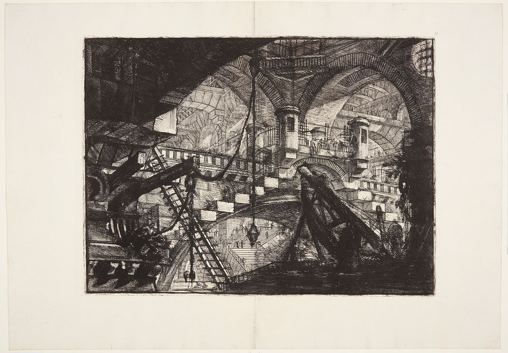 Hall with stairs and bridges, in the foreground an archway by Giovanni Battista Piranesi