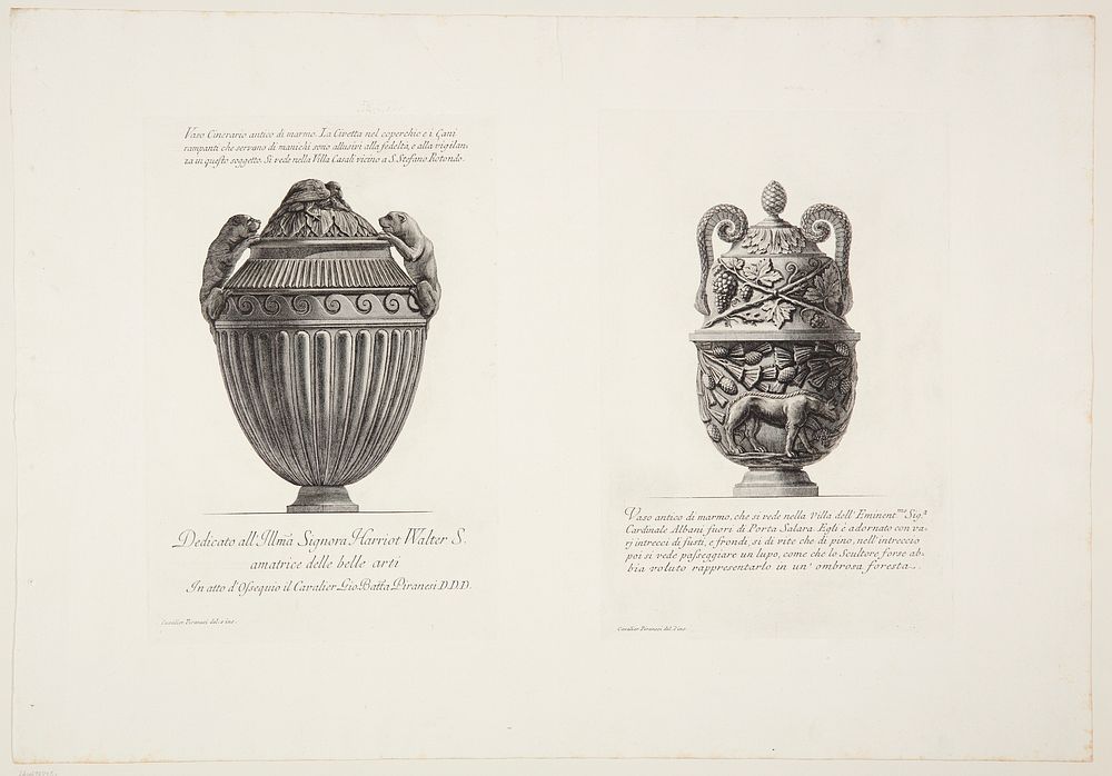 Marble vase with dogs as handles and marble vase with relief of a wolf by Giovanni Battista Piranesi
