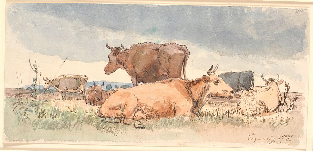 Landscape with three lying and three standing cows by Johan Thomas Lundbye