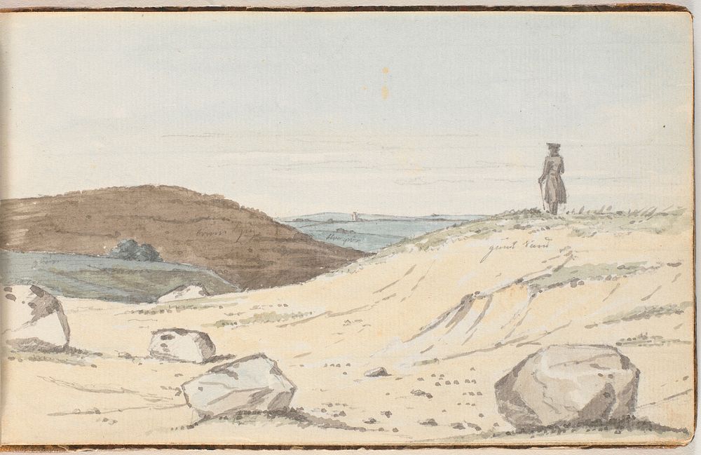 View over a heath or dune landscape.In the foreground some large hills;on one of them stands a man looking out over the…