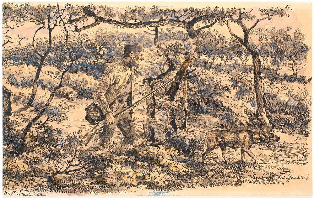 Poacher with dog in forest by Hans Smidth