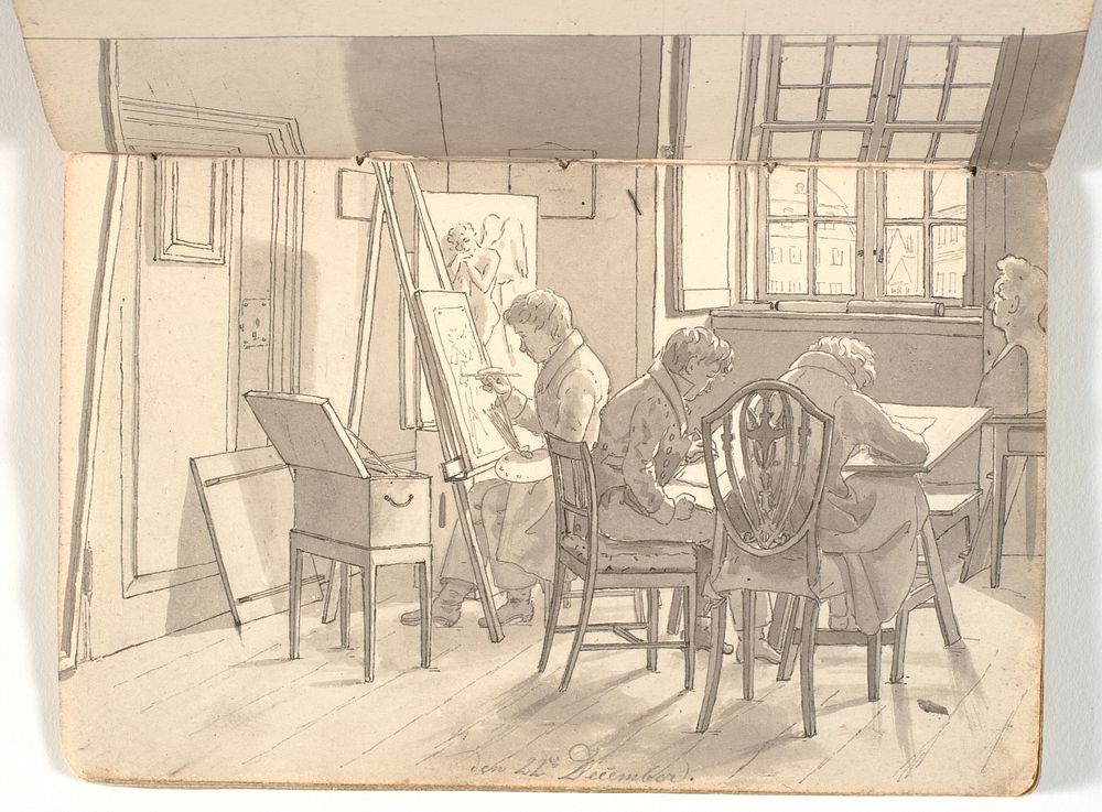 Interior from the academy with painting and drawing artists by Martinus Rørbye