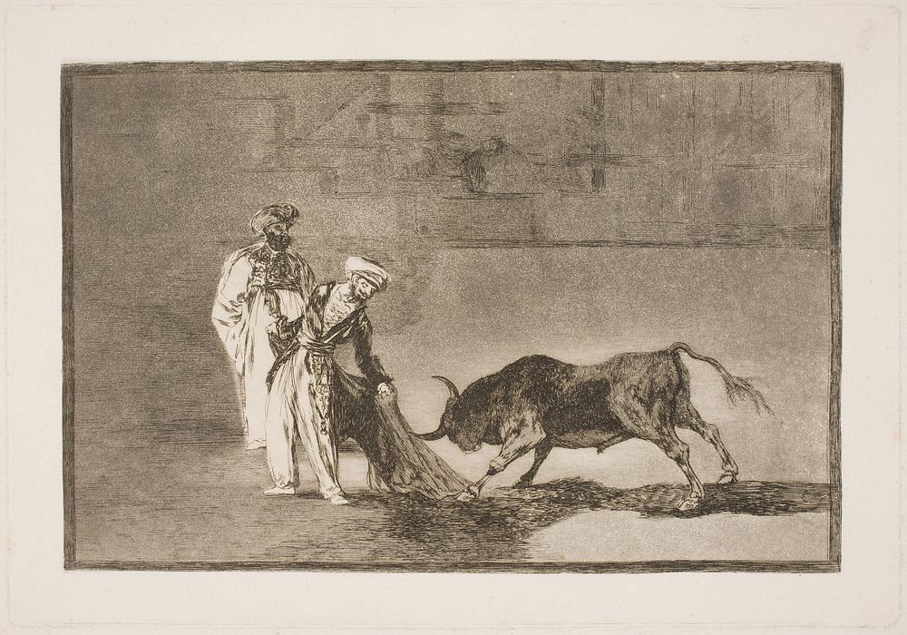 The Moors in the arena go to great lengths to attract the bull with the help of their burnus by Francisco Goya