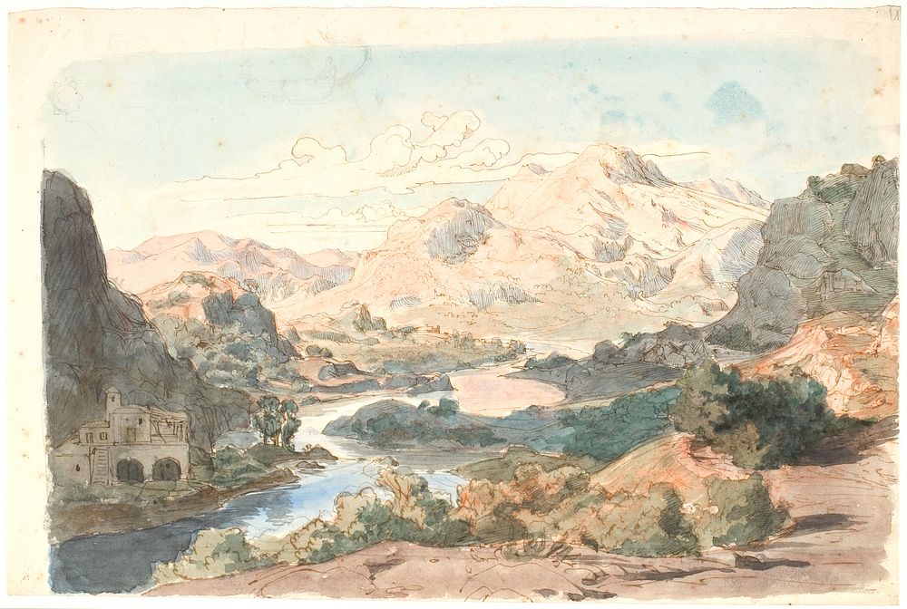 Italian mountain landscape with a river and t.v.a building by Lorenz Frølich