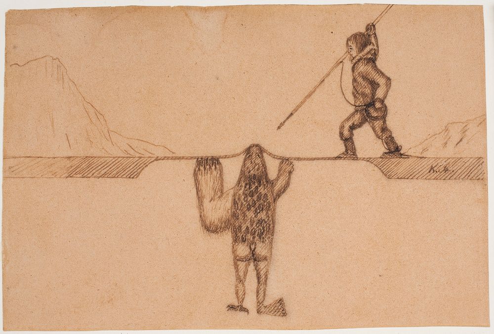 Motif from an East Greenlandic legend (A prisoner raises his harpoon against a sea creature, tupilak, which is half seal…