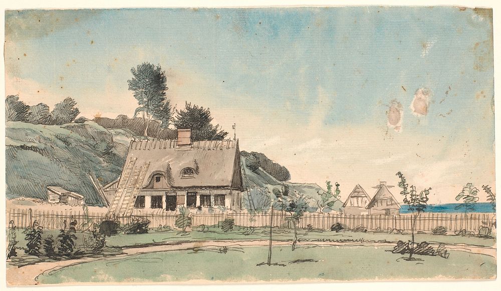 Coastal landscape with thatched houses. by P. C. Skovgaard