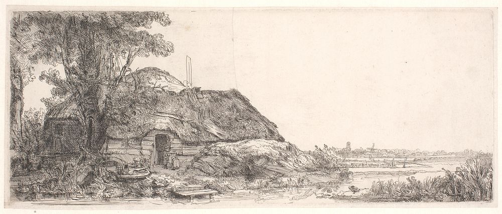 Landscape with cabin and large tree by Rembrandt van Rijn