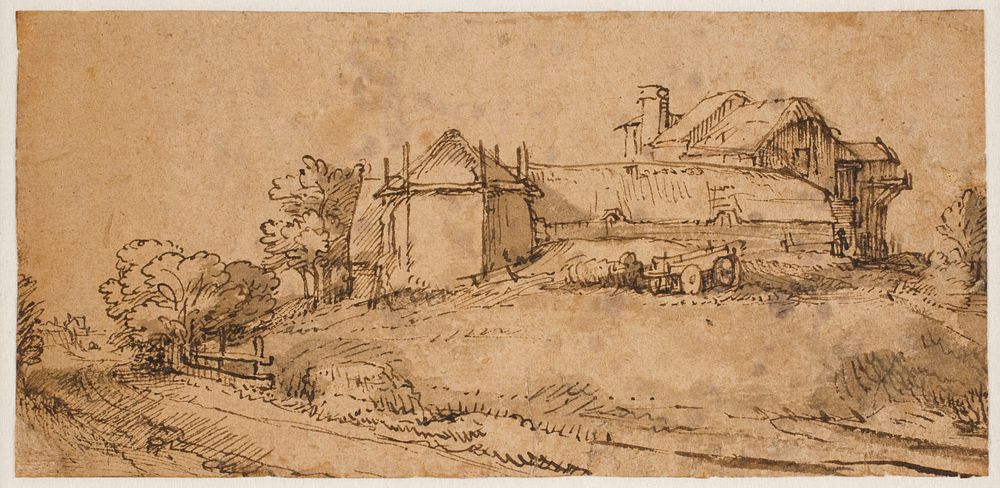 Landscape with a farm and a grain helmet by Rembrandt van Rijn