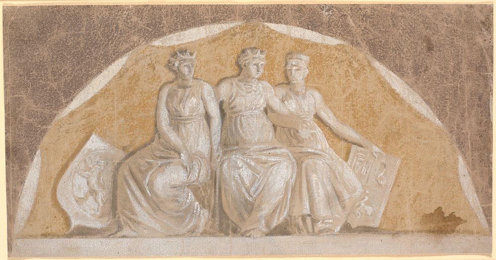 Semicircular field with three round female figures, the two outermost with shields, which seem to show that they represent…