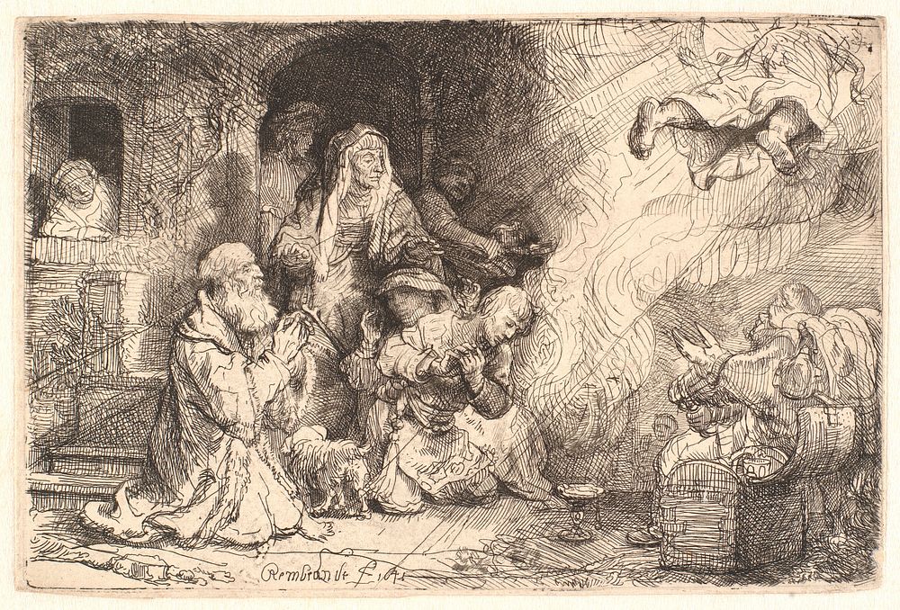 The angel leaves Tobit's family by Rembrandt van Rijn