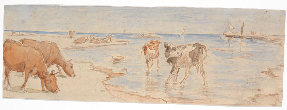 Cows and calves near the embarkation point on Saltholm (draft for punch bowl decoration) by Theodor Philipsen