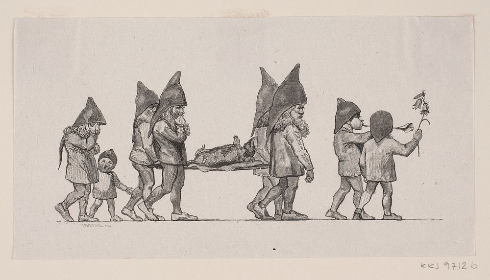 Goblins carry a dead mole on a stretcher by Waldemar B&oslash;hme 