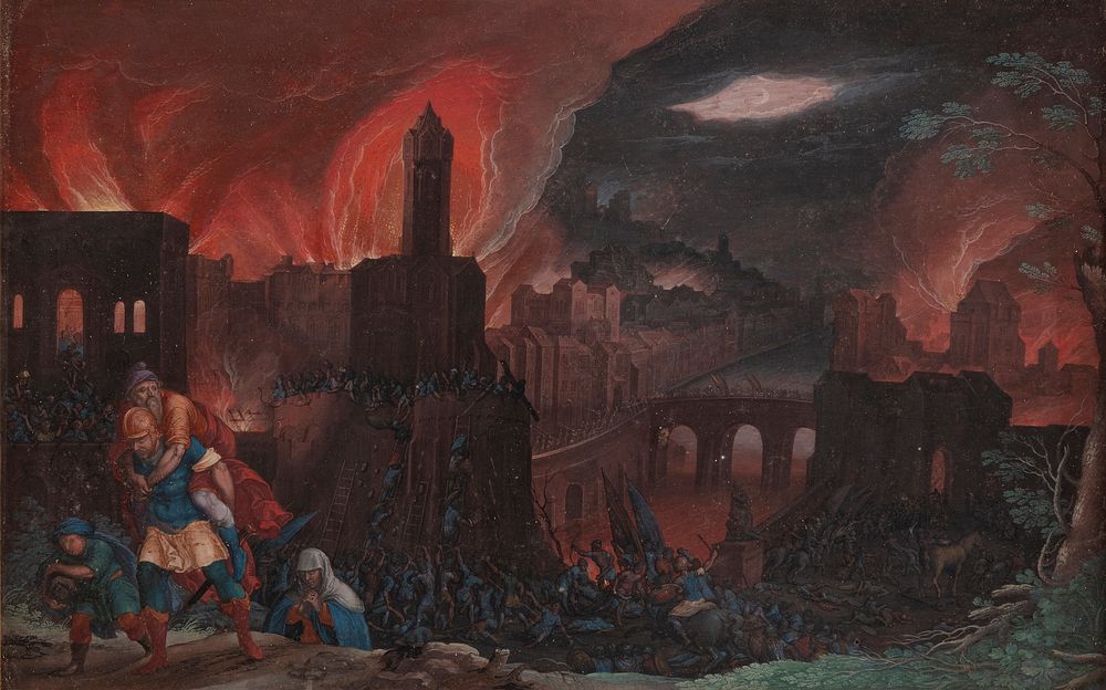 The fire of Troy.A river cuts through the burning city.T. h. in the foreground Aeneas, carrying his father Anchises, beside…