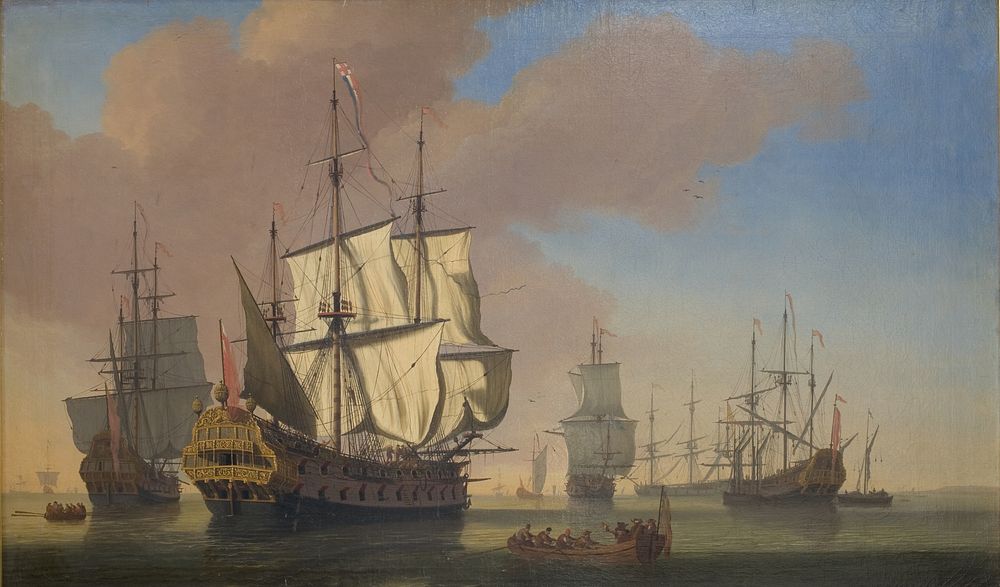 English warships on a rhed in calm weather by Jan Karel Donatus Van Beecq