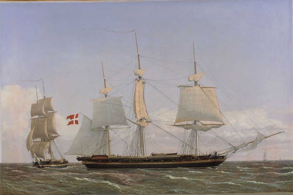A Danish corvette lying alongside to talk to a Danish war brig.The scene is intended to take place in the West Indies by…