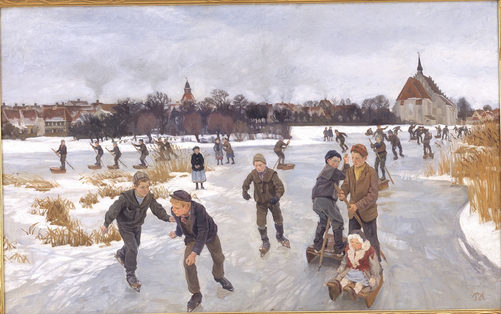 Children skating outside Fåborg by Peter Hansen