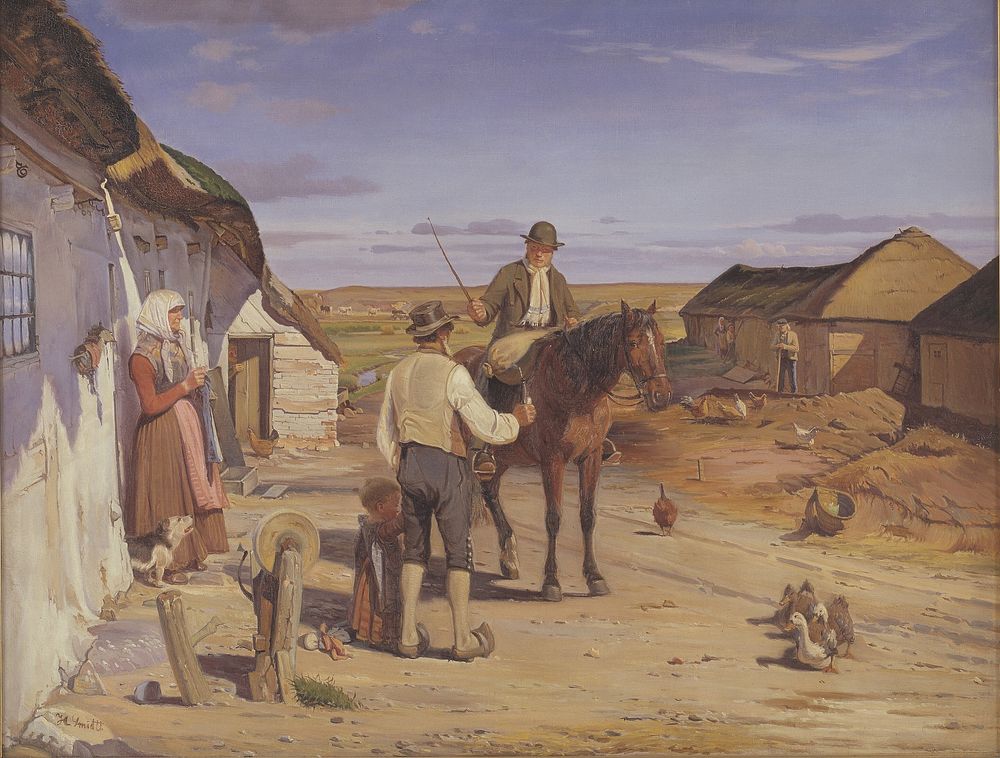 A stranger asks for directions in the farmhouse on the heath by Hans Smidth