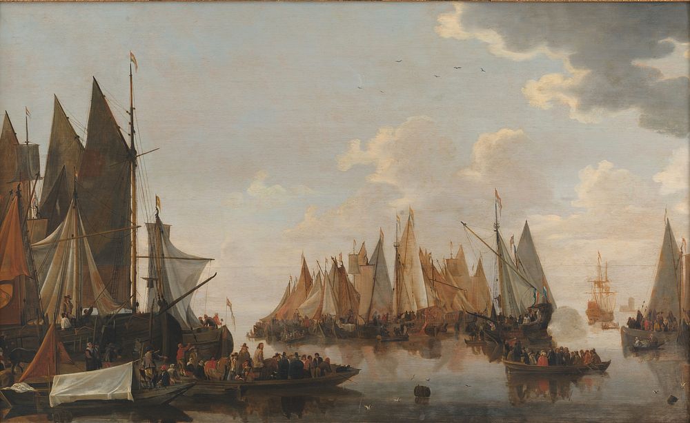 Troop embarkation on a Dutch river by Hendrick De Meijer