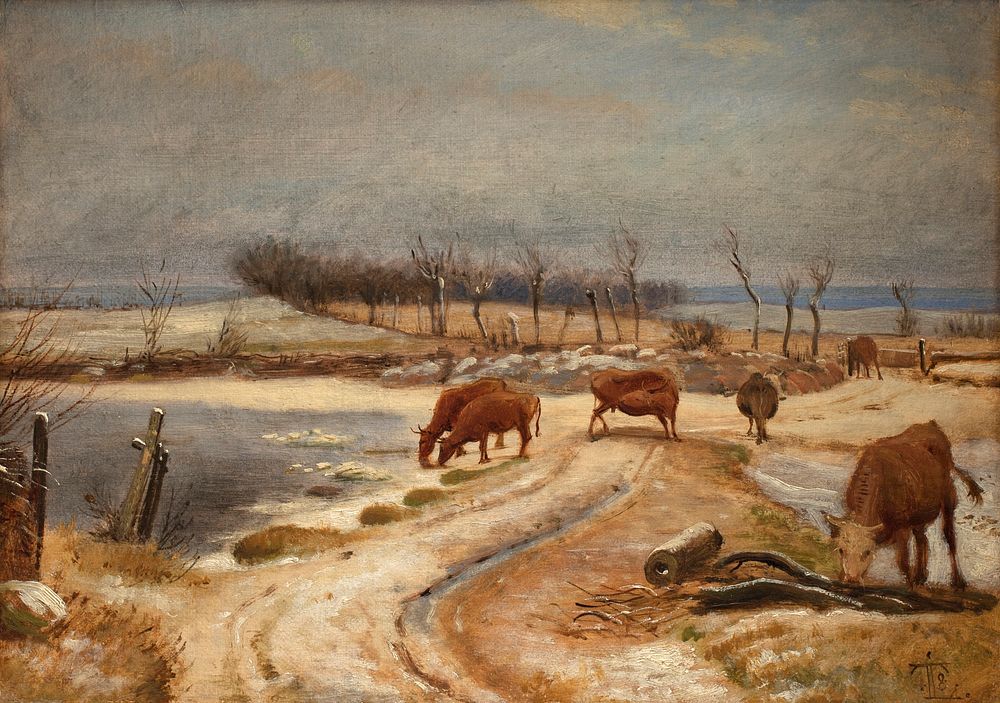 The young cattle are watered on a winter day by Johan Thomas Lundbye