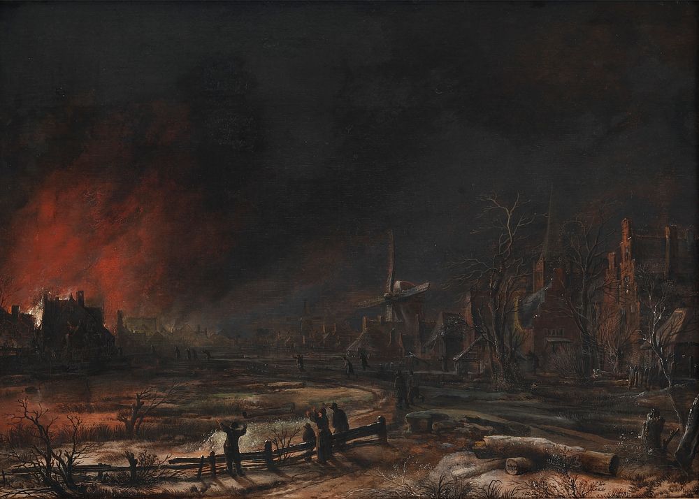 Fire on a winter night by Aert van der Neer