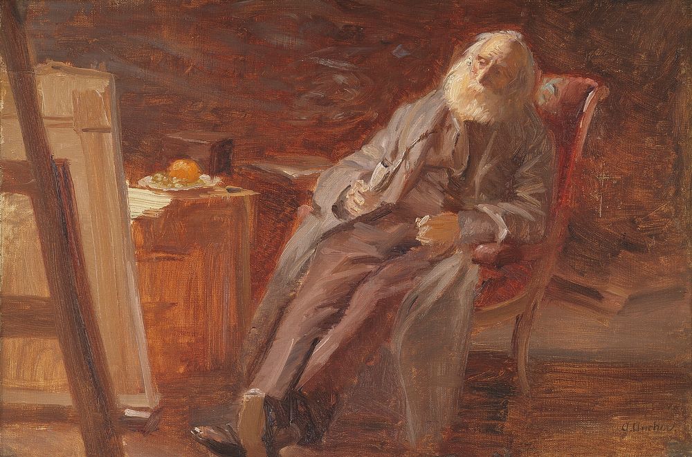 The painter Vilhelm Kyhn smoking a pipe by Anna Ancher