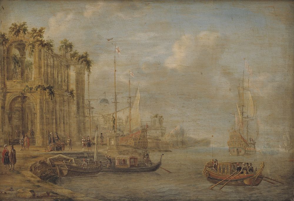 Harbor view with ancient ruins by Jacobus Storck