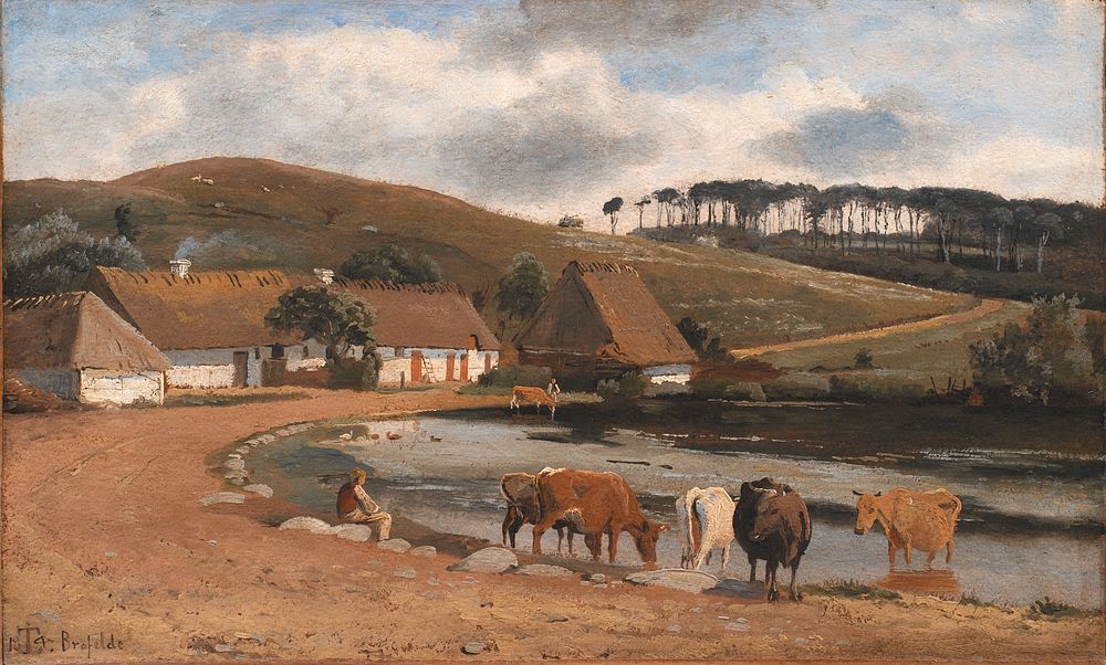 Cows are watered at a street trough.Bridge field by Johan Thomas Lundbye
