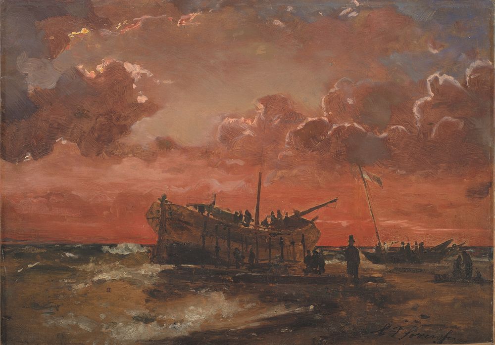 A wreck on the west coast of Jutland at sunset by Carl Frederik Sørensen 