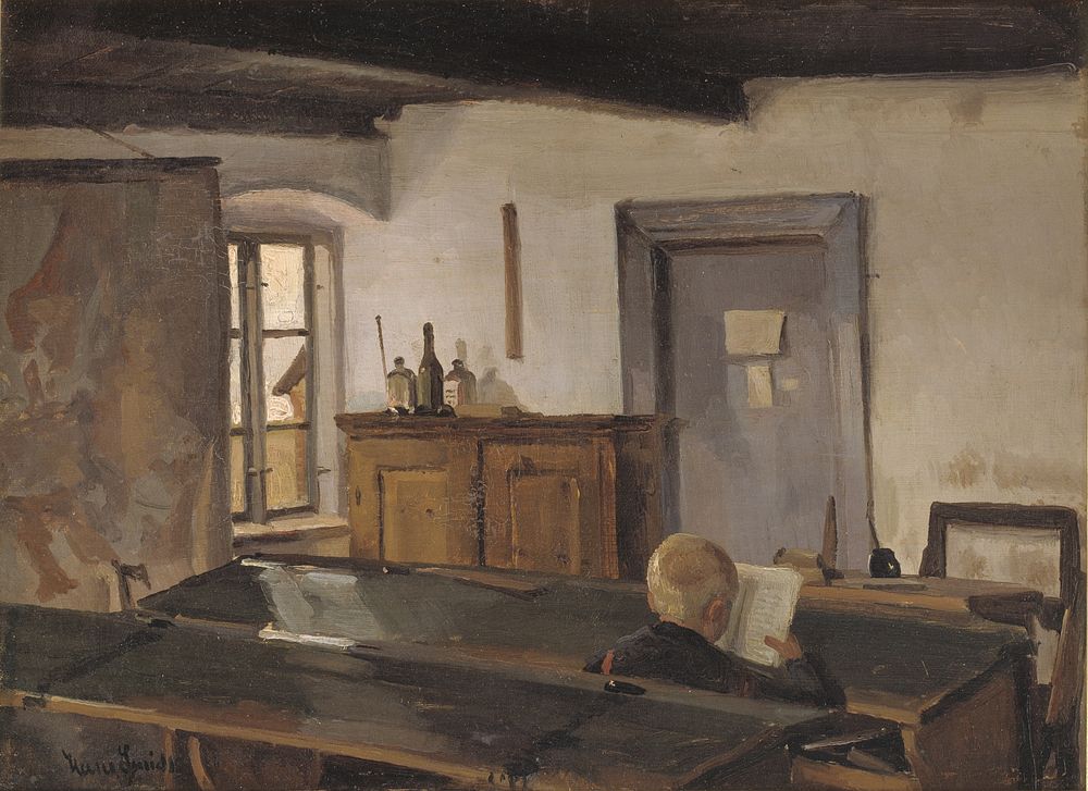 A schoolroom with a reading boy by Hans Smidth