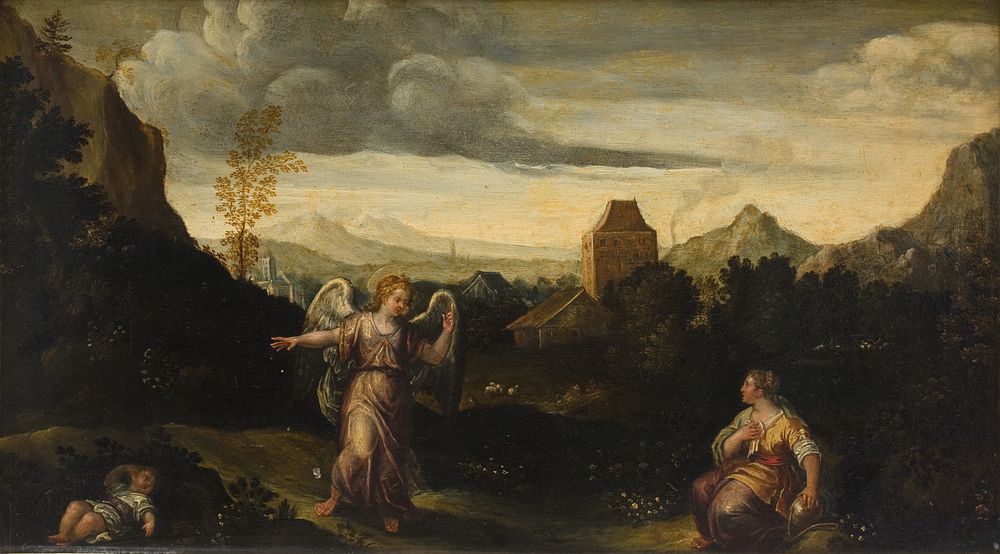 Italian landscape, in the foreground Hagar, Ishmael and an angel by unknown