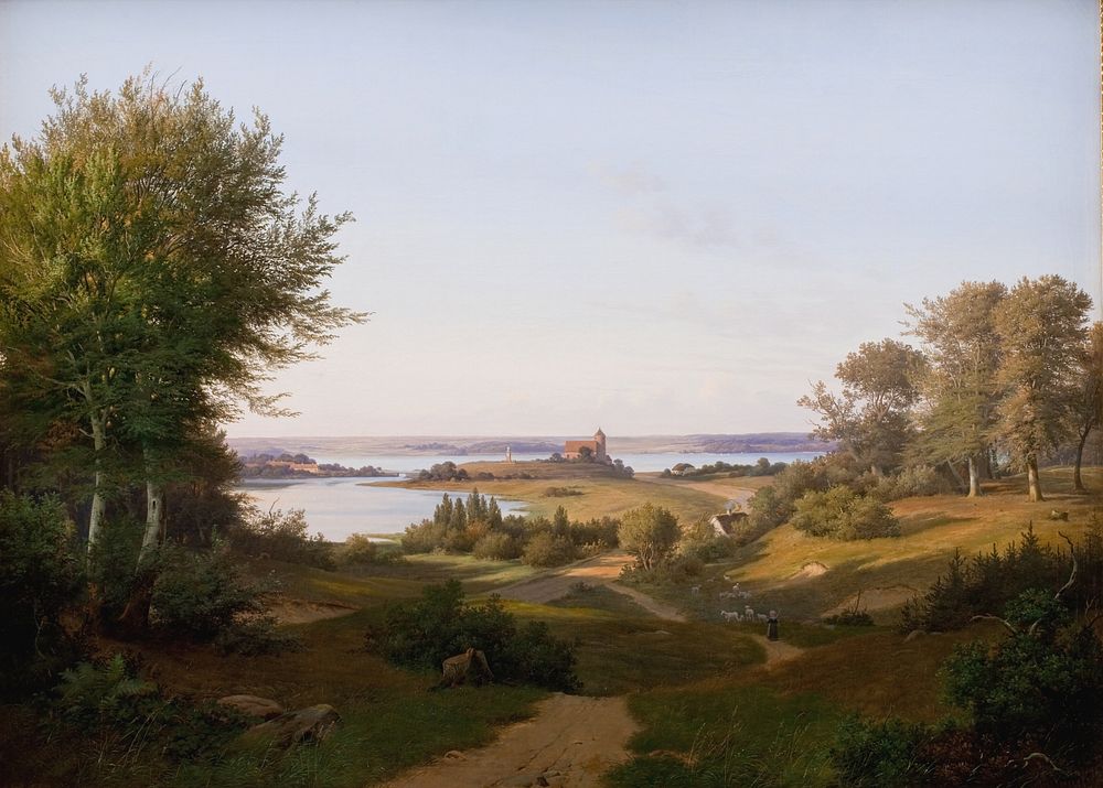 Lot at Skanderborg with a view towards the castle bank with the memorial support for Frederik VI by Andreas Juuel