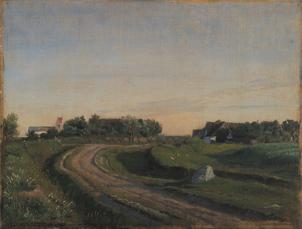Vejby with the church seen from the north.Evening lighting by P. C. Skovgaard