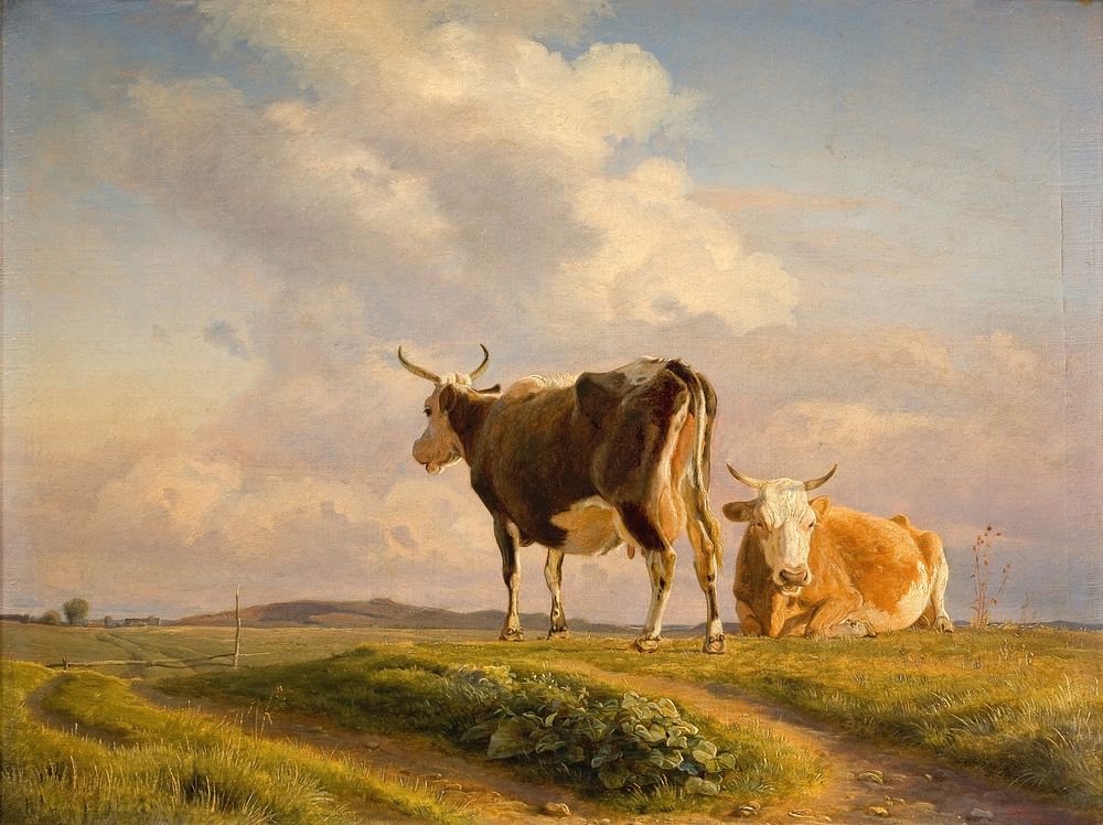 Two cows in an open field by Johan Thomas Lundbye