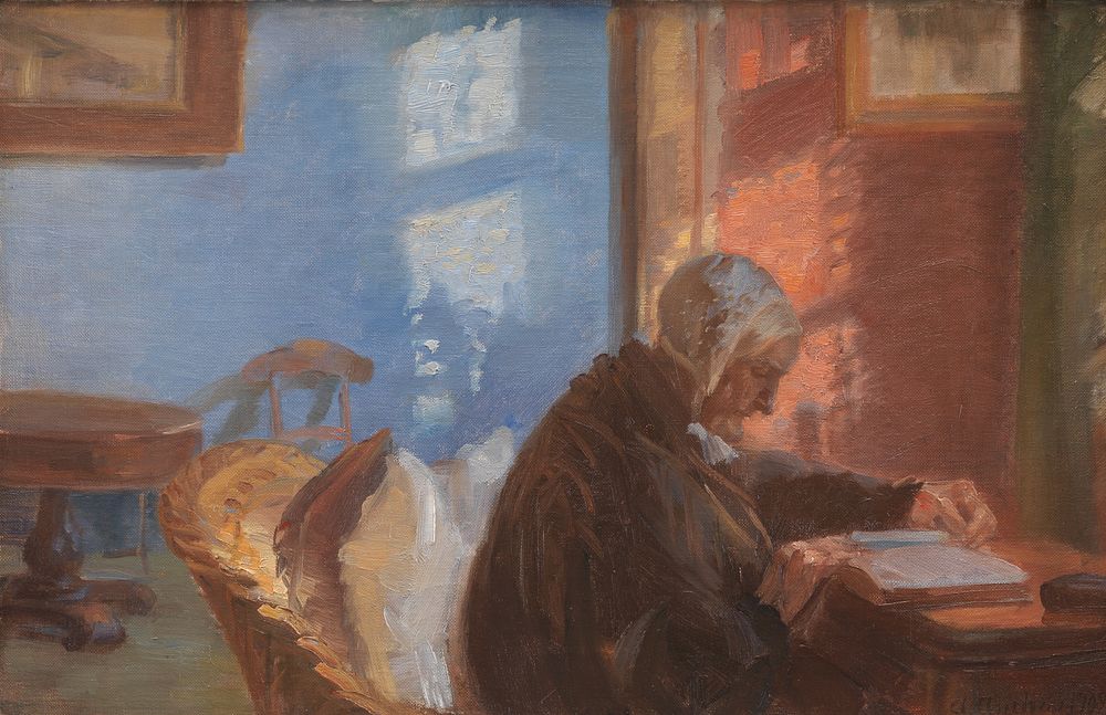 The artist's mother Ane Hedvig Brøndum in the red living room by Anna Ancher