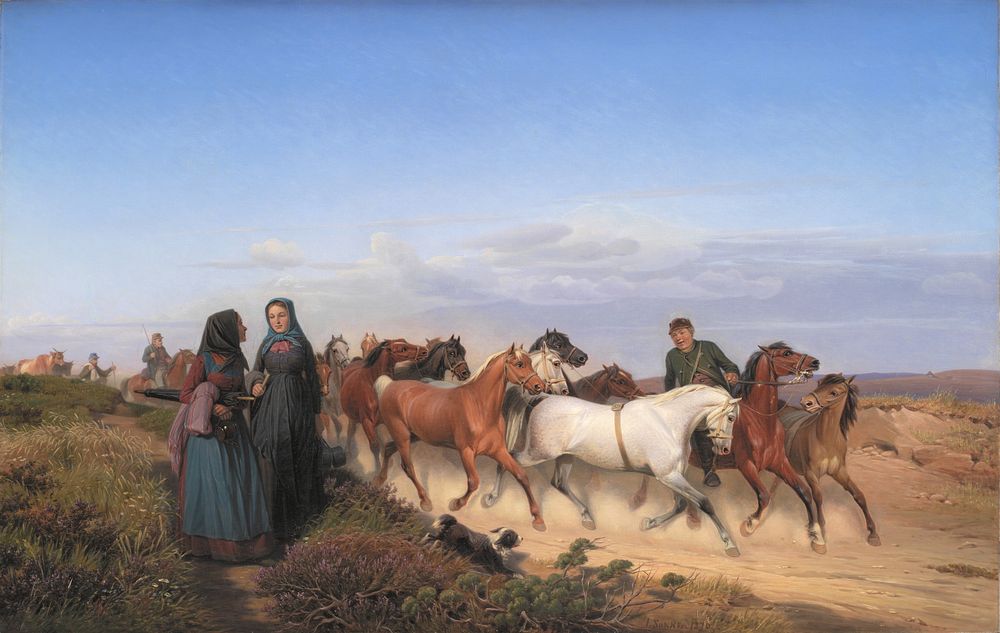 Jutland farmers on their way home from market with their horses by Jørgen Valentin Sonne