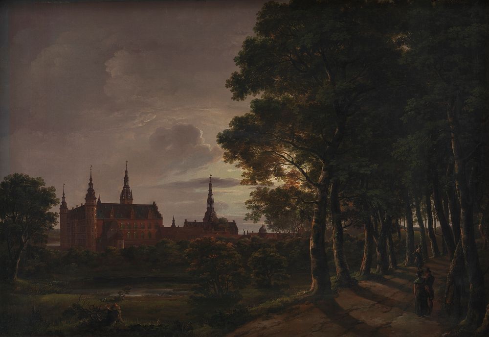 Frederiksborg Castle in the moonlight by Johan Christian Claussen Dahl