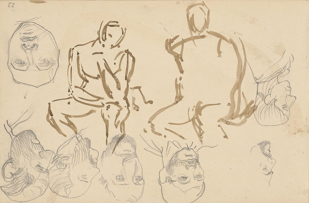Sketch of two seated figures and seven male faces by Ladislav Mednyánszky