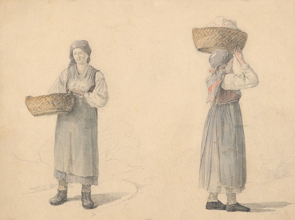 Two studies of a girl with a basket