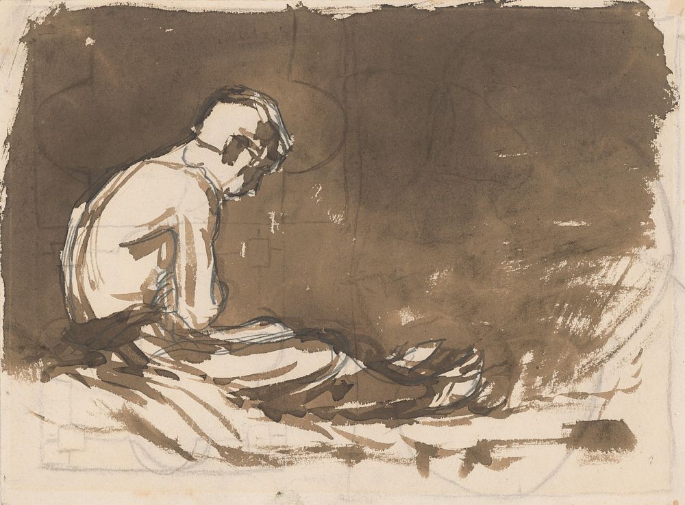 Sketch of a man sitting half-naked from a side view (in prison i.) by Ladislav Mednyánszky