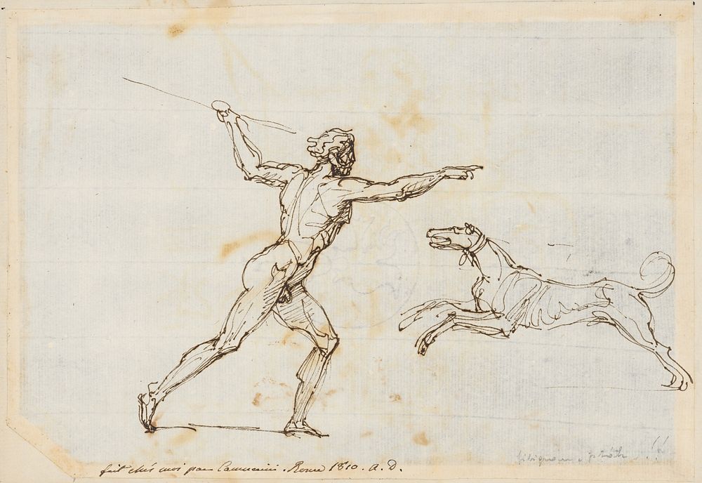 Figural study of a man throwing a spear and a dog mid-leap