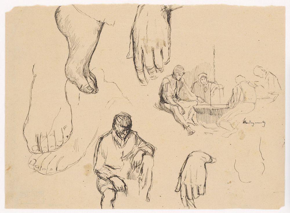 Letter from a study of a group of villagers sitting around a pot with detail study of hands and feet by Ladislav Mednyánszky